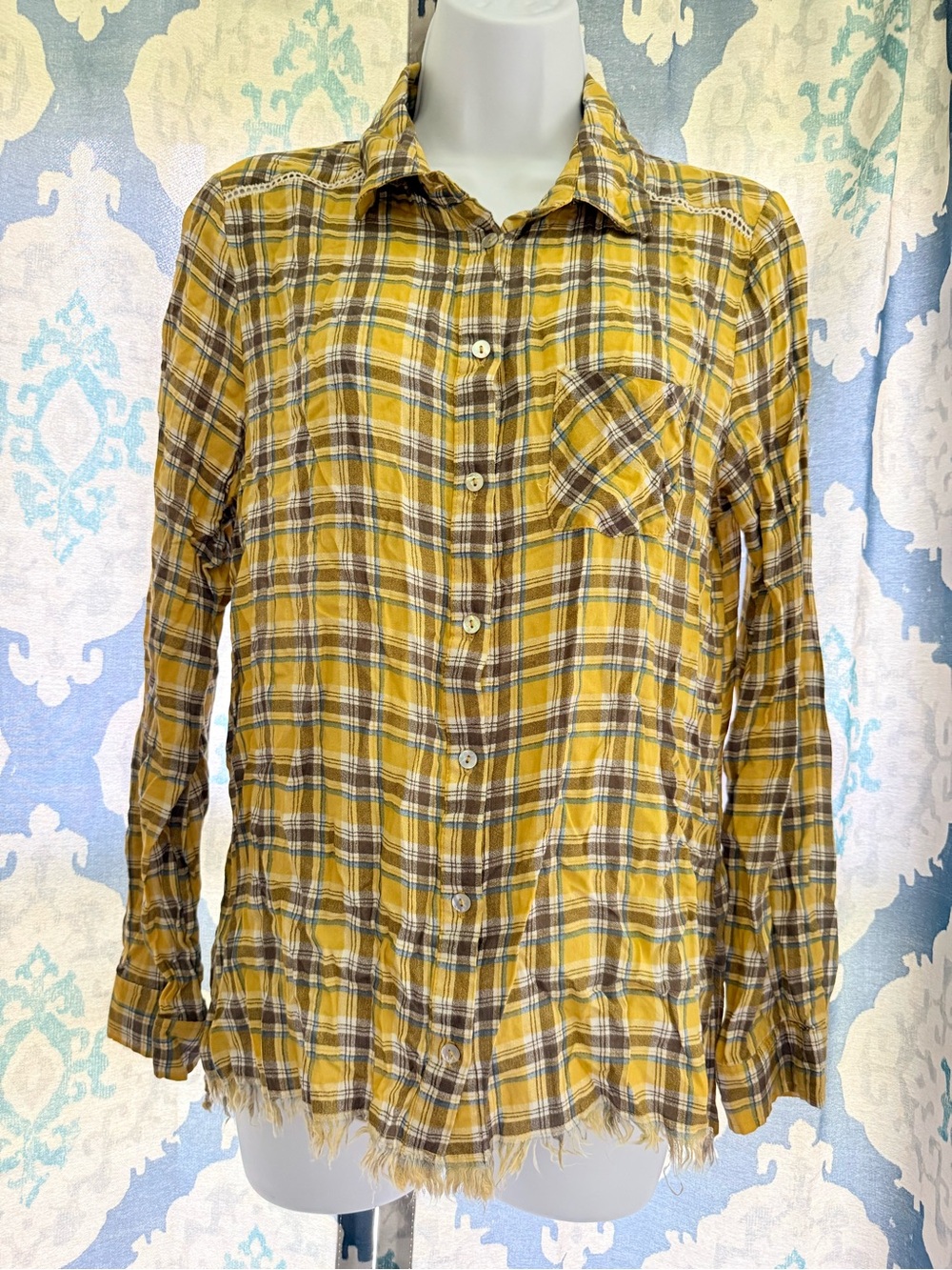 Entro Yellow Plaid Flannel Frayed Grunge Boho Tunic Top M